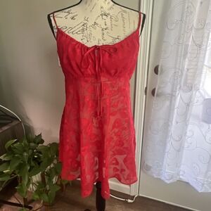 Vintage Y2K Cami Top Women's Medium Red Hearts Sheer Lace Feminine Romantic